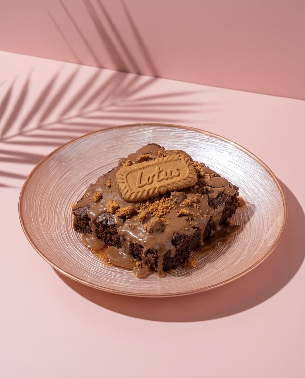 Brownie nappé de crème de spéculoos sur une assiette en verre